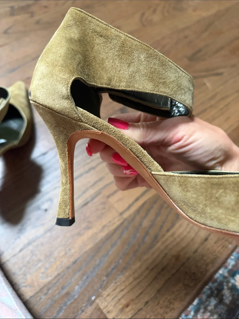 Manolo Blahnik Olive Suede Pointed-Toe Ankle-Strap Pumps